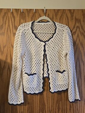 Ultra Pink White Crochet Cardigan with Navy Trim